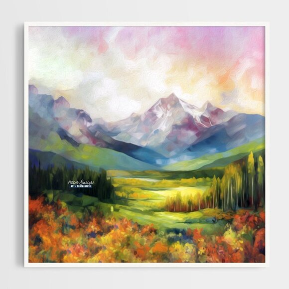 8x8 Majestic Colorful‎ Landscape Mountains Watercolor Oil Painting Art Print - Picture 3 of 6